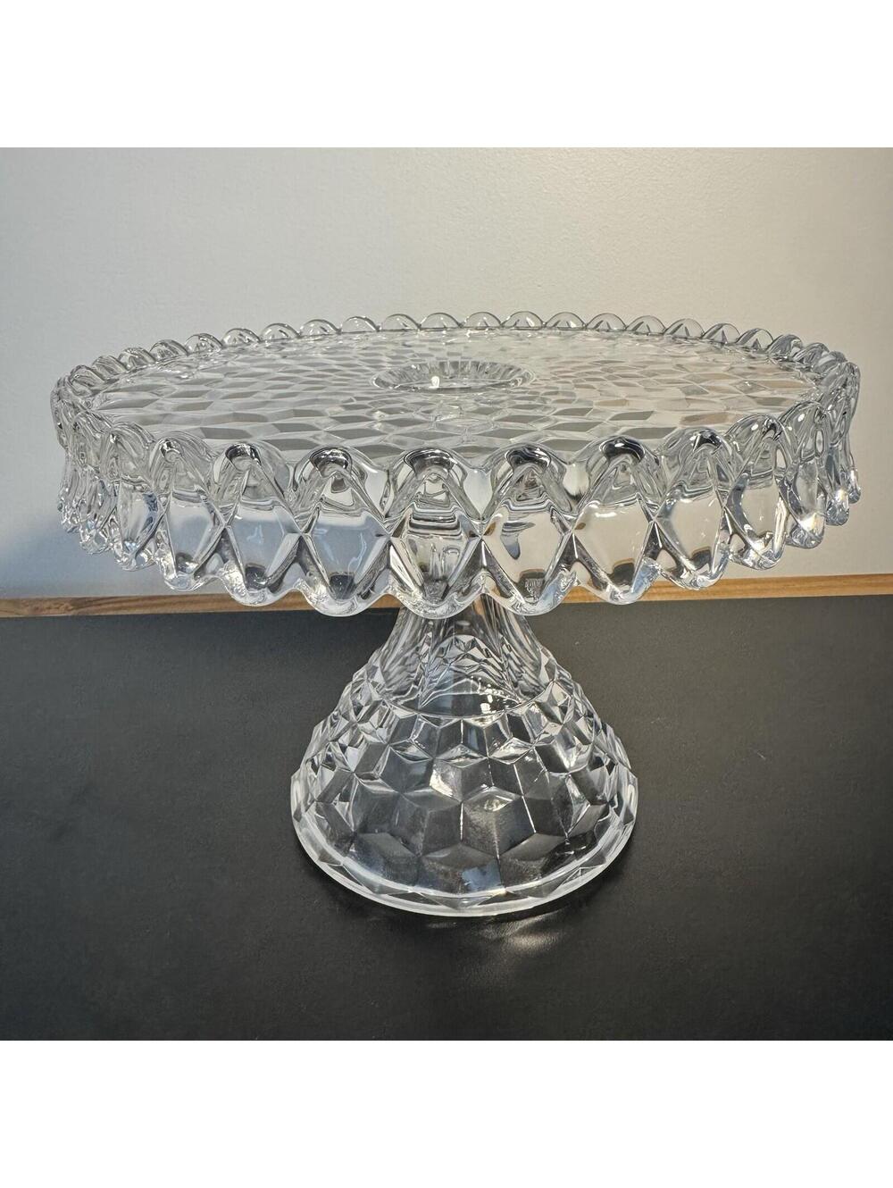 Vtg Fostoria American Cubist Pedestal Cake Stand W/Rum Well - Excellent-
